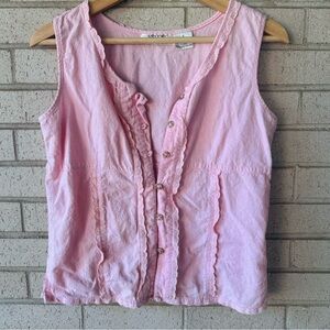 Vintage Linen Light Pink Ruffled Sleeveless Blouse Small